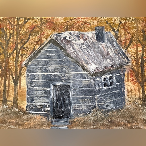 hand painted Other - Autumn Cabin Art Print in Gray and Brown Painting